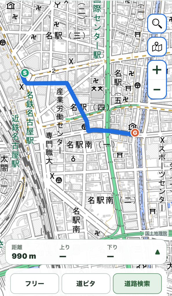 画像：道路検索でSから次の地点まで線が引かれた状態